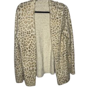 Cynthia Rowley Cream and Tan Animal Leopard Print Faux Fur Cardigan‎ Sweater L